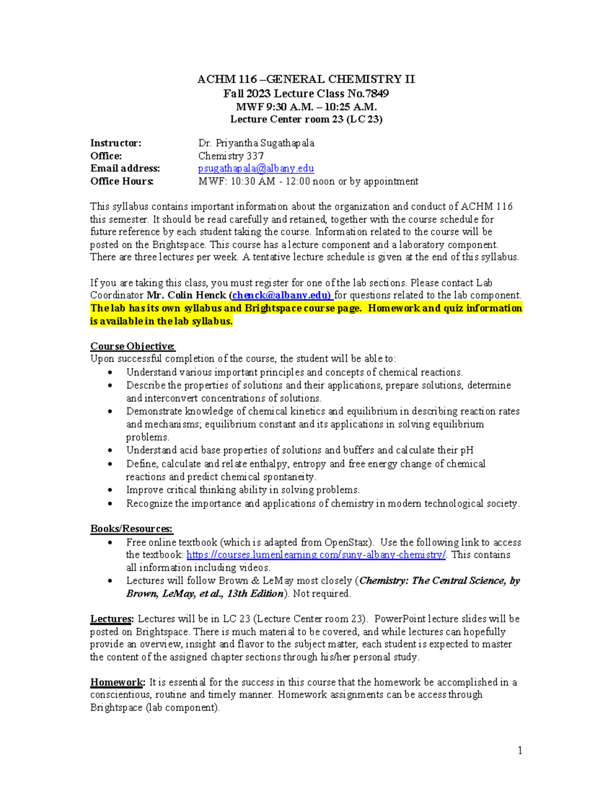 Fall 2023 ACHM 116 General Chemistry II Syllabus & Course Info - Studocu