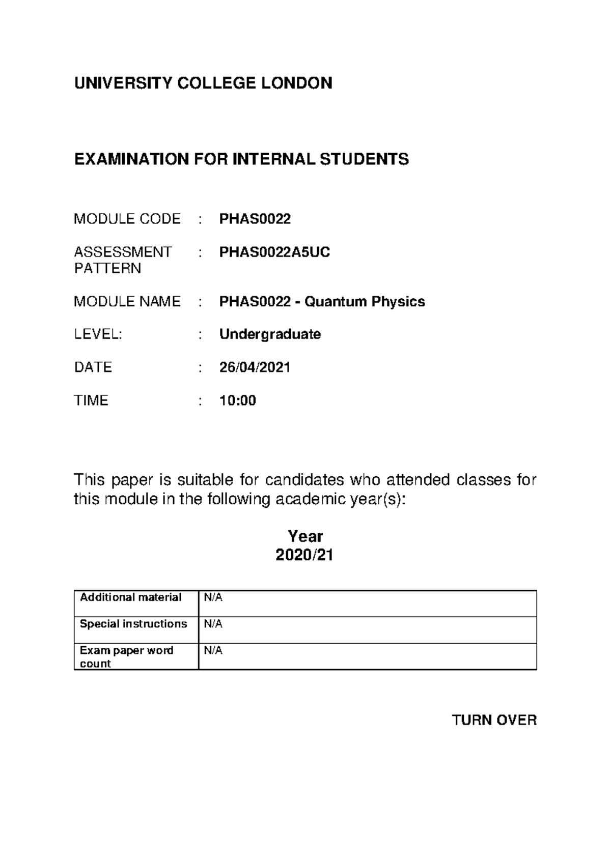 PHAS0022 A5UC 2021 - Quantum Physics Practice Exam Paper - Studocu