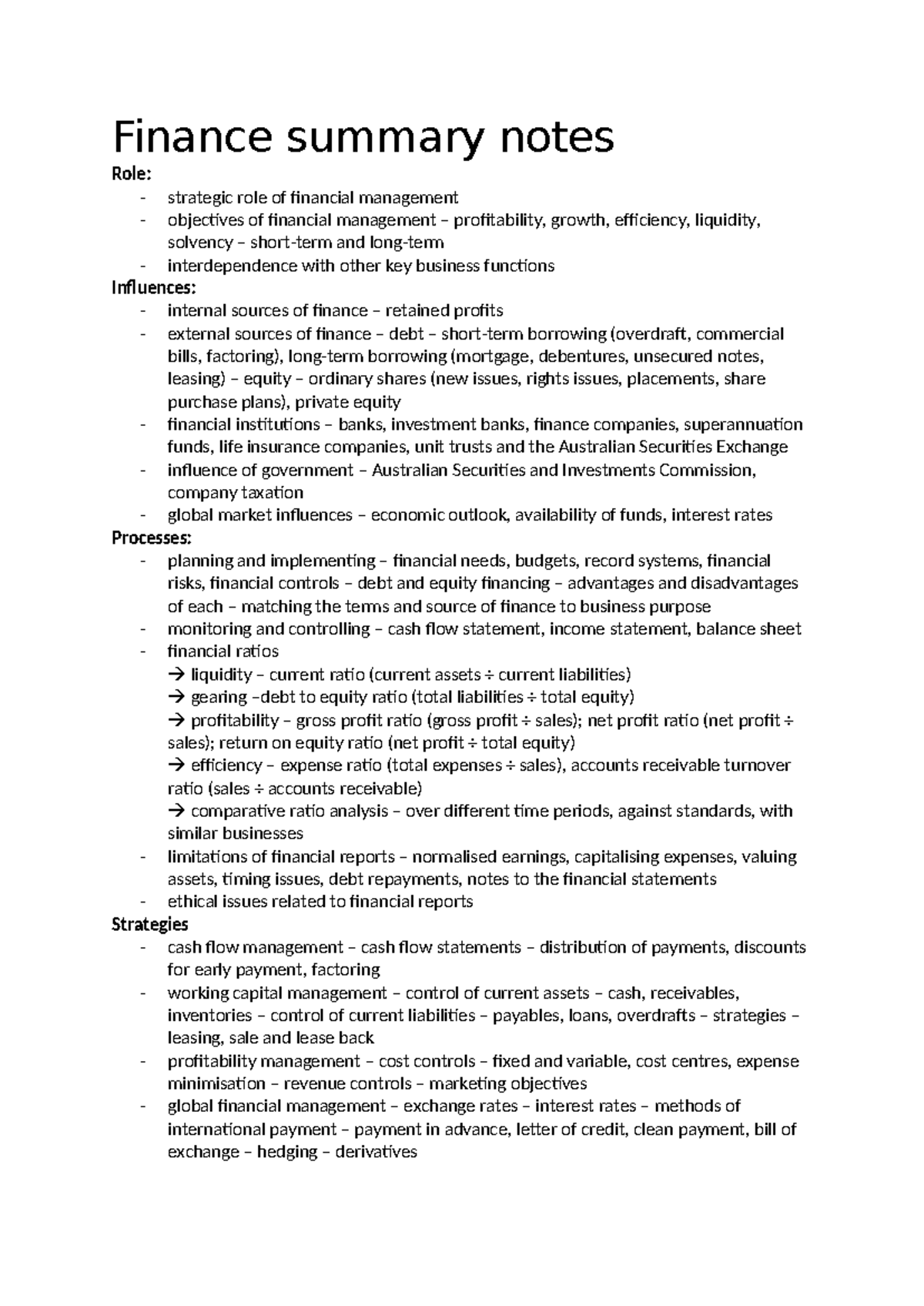 Finance Summary Notes: Strategic Role & Objectives of Financial ...