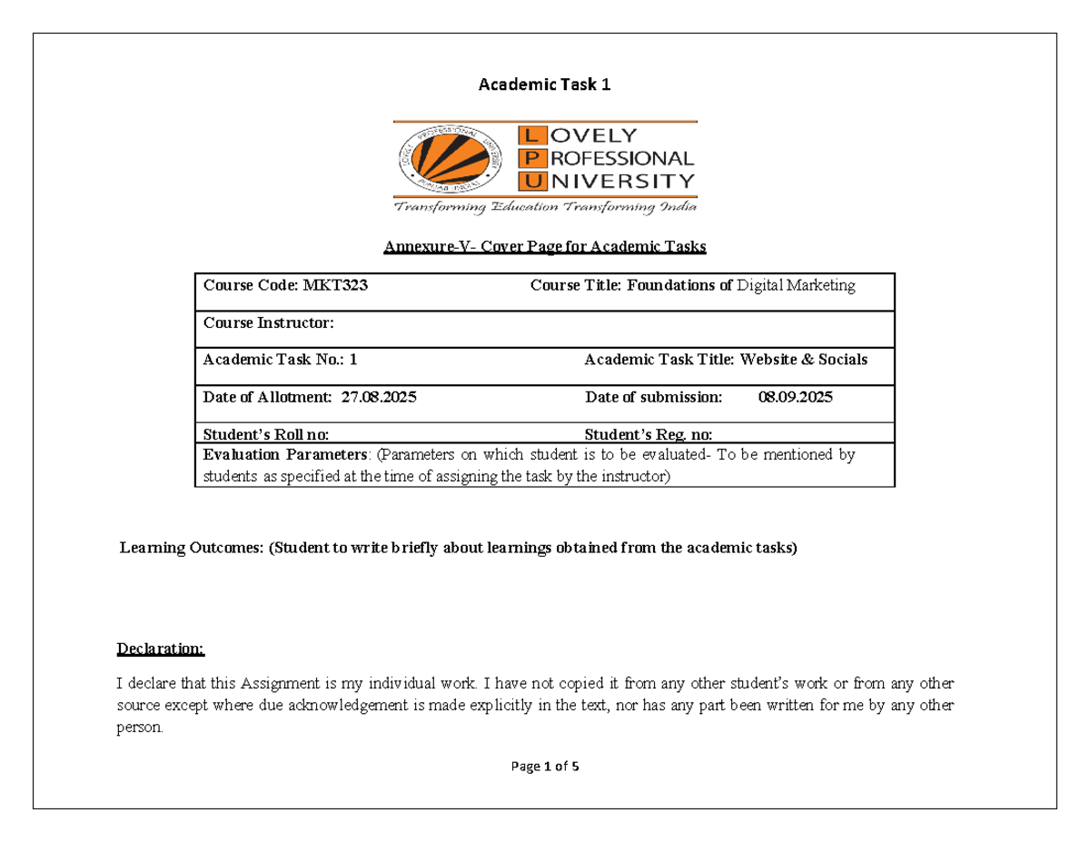 MKT323 Academic Task 1: Website Socials Evaluation Rubric - Studocu