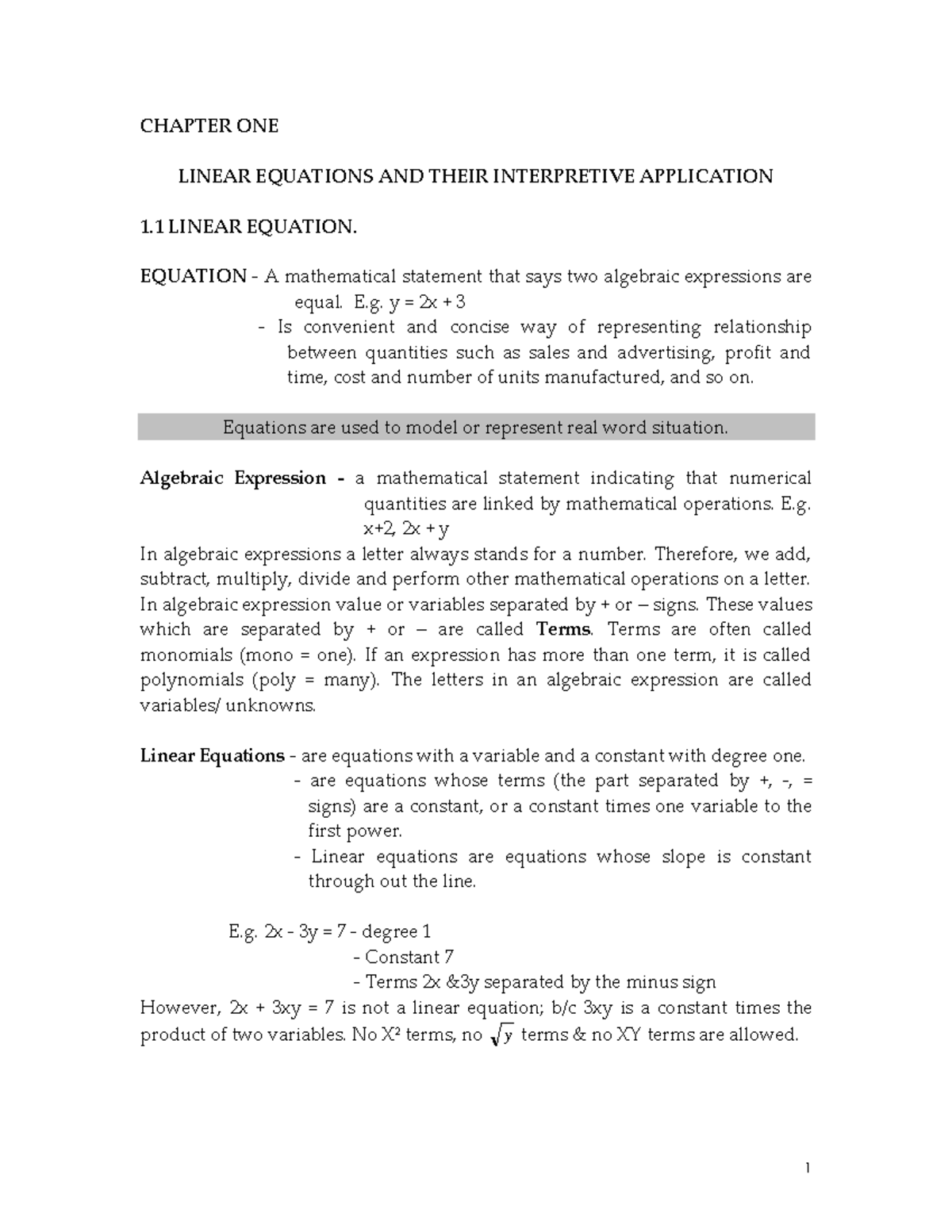 Chapter one linear equation and its application - CHAPTER ONE LINEAR ...