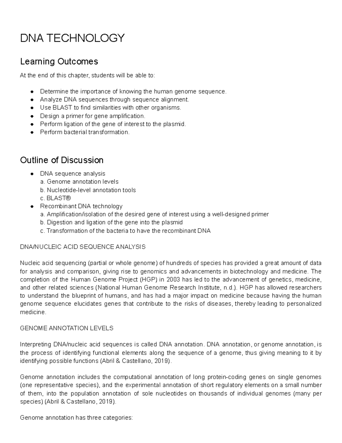 Chapter IV DNA Technology - DNA TECHNOLOGY Learning Outcomes At the end ...