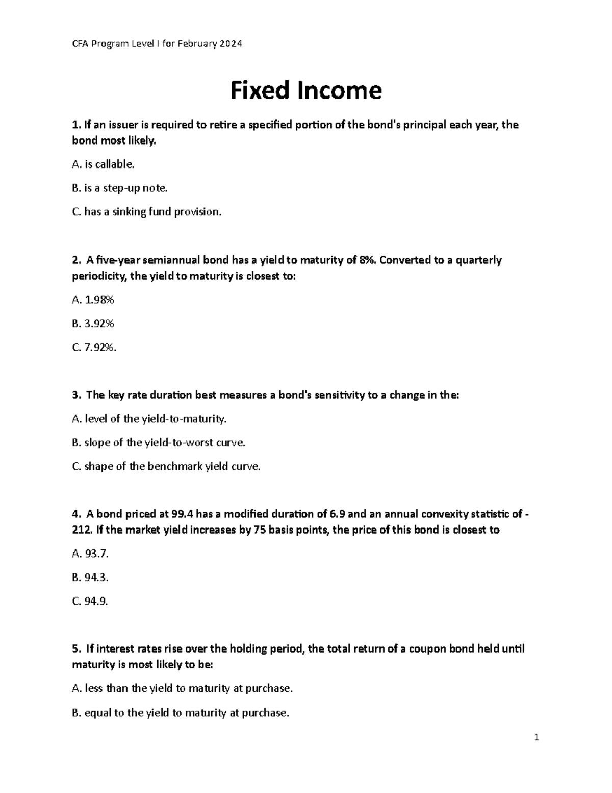 Fixed Income - Question Set for Exam Preparation (Finance 101) - Studocu
