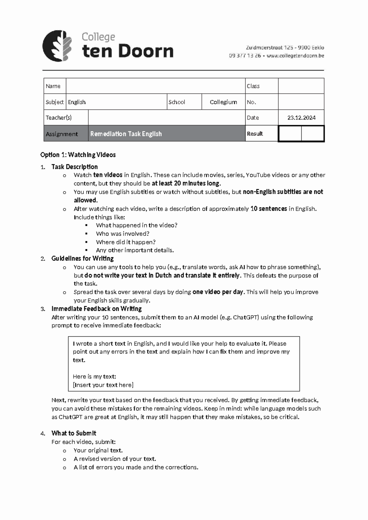 Remediation Task for English Class - ENG 23.12.2024 - Studocu