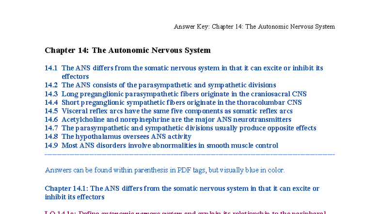 Final Exam Answer Key: CH 14 - The Autonomic Nervous System - Studocu