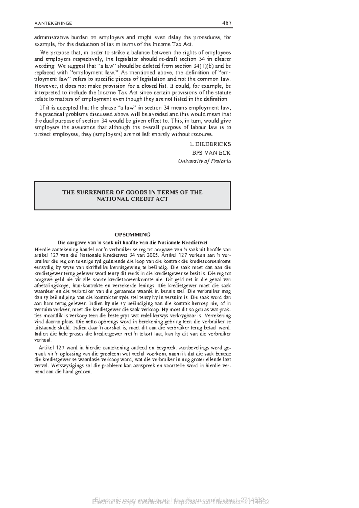 487 AANTEKENINGE: Analyzing Section 127 of the National Credit Act ...