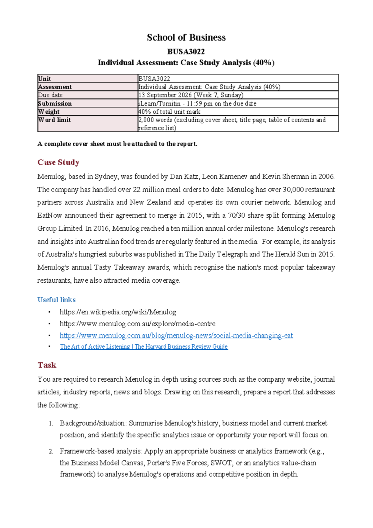 BUSA3022 Individual Assessment: Menulog Case Study Analysis - Studocu