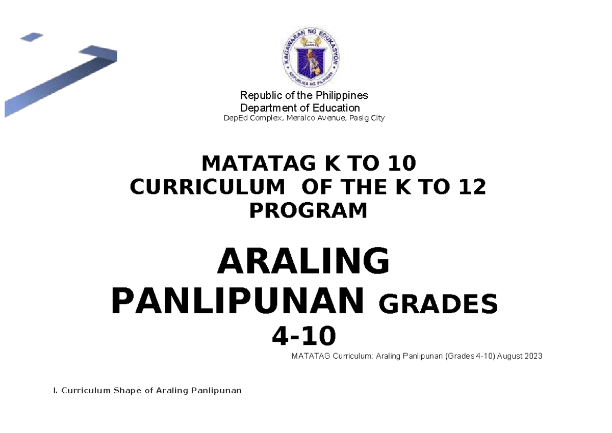 Final MATATAG Curriculum: Araling Panlipunan (Grades 4-10) August 2023 ...