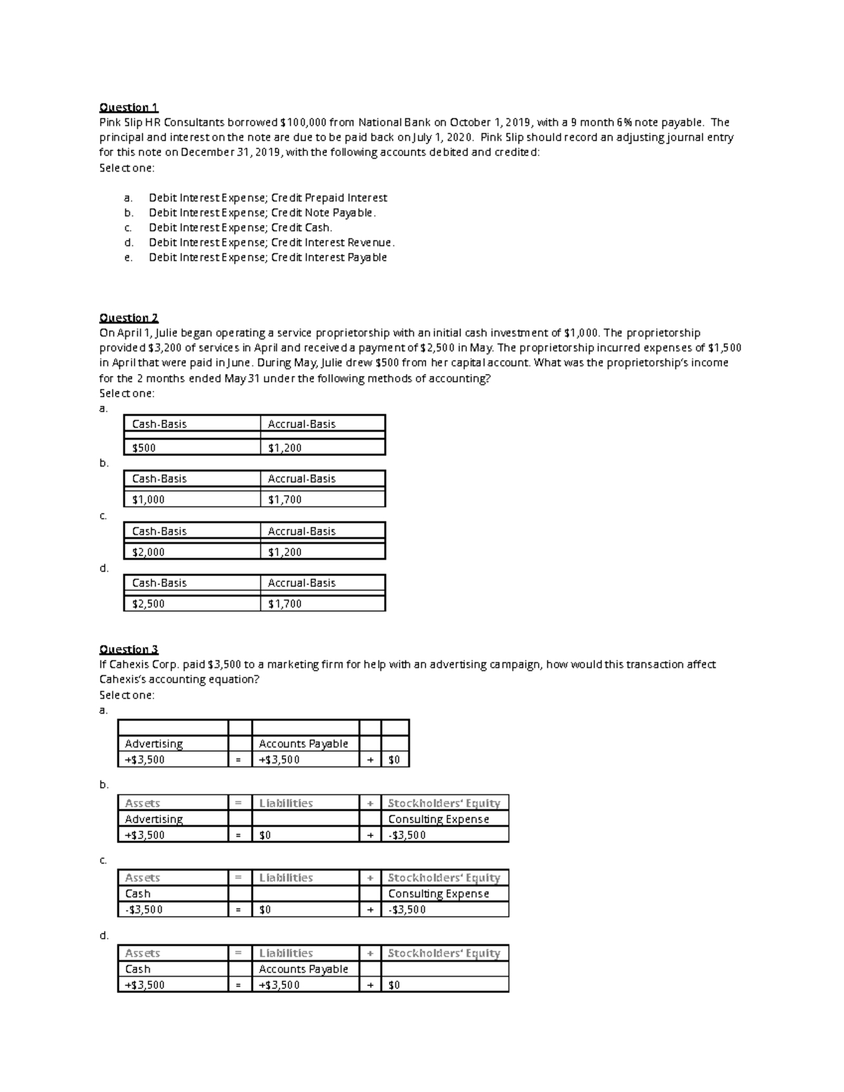Accounting Principles and Journal Entries: Practice Questions (ACCT 101 ...