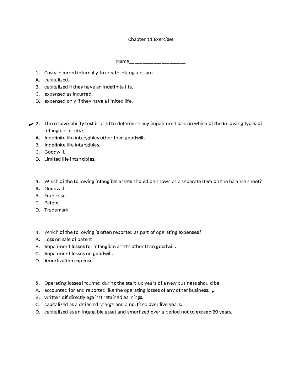 Chapter 11 Exercises: Intangible Assets & Impairment Analysis - Studocu