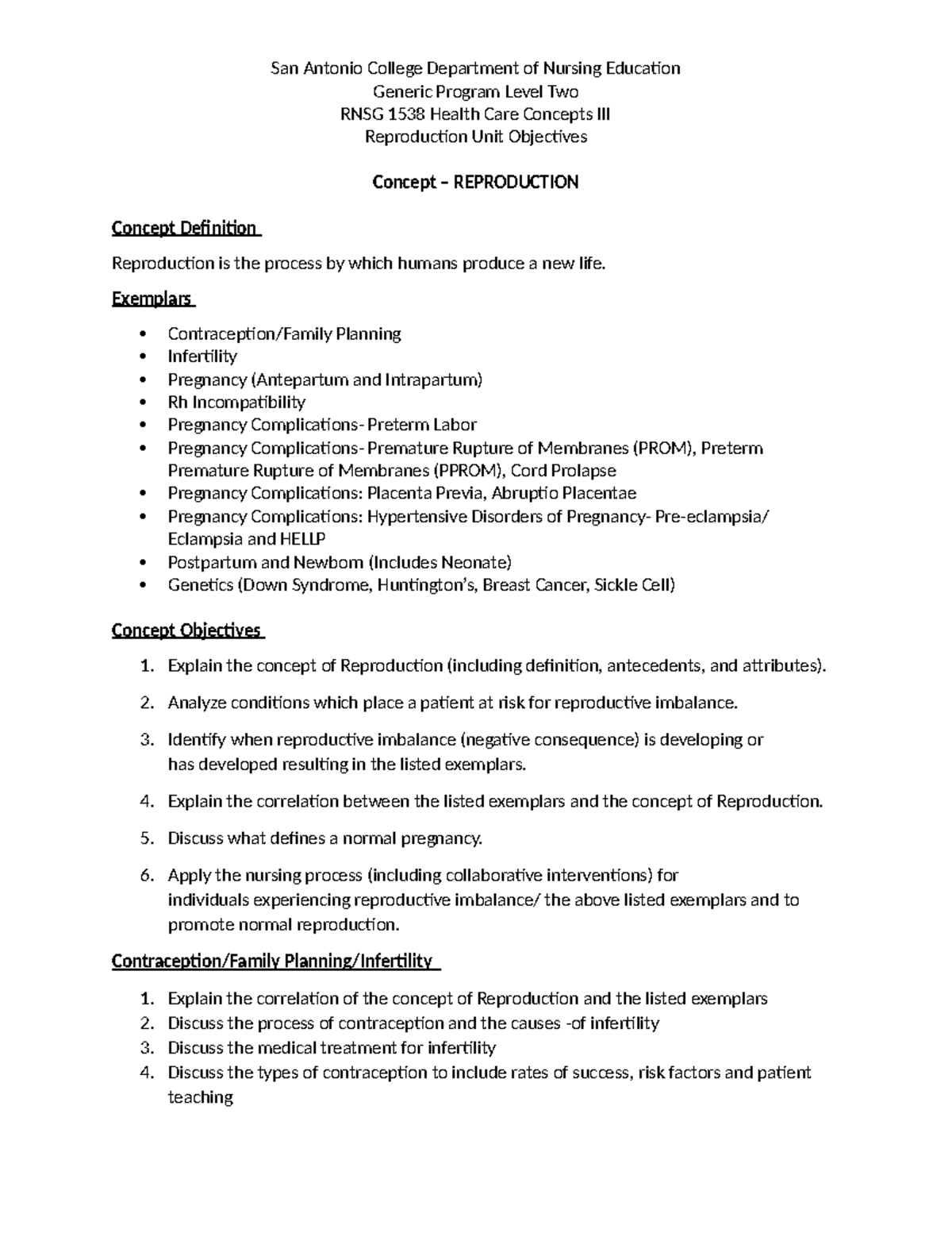 RNSG 1538 Health Care Concepts: Reproduction Unit Objectives - Studocu