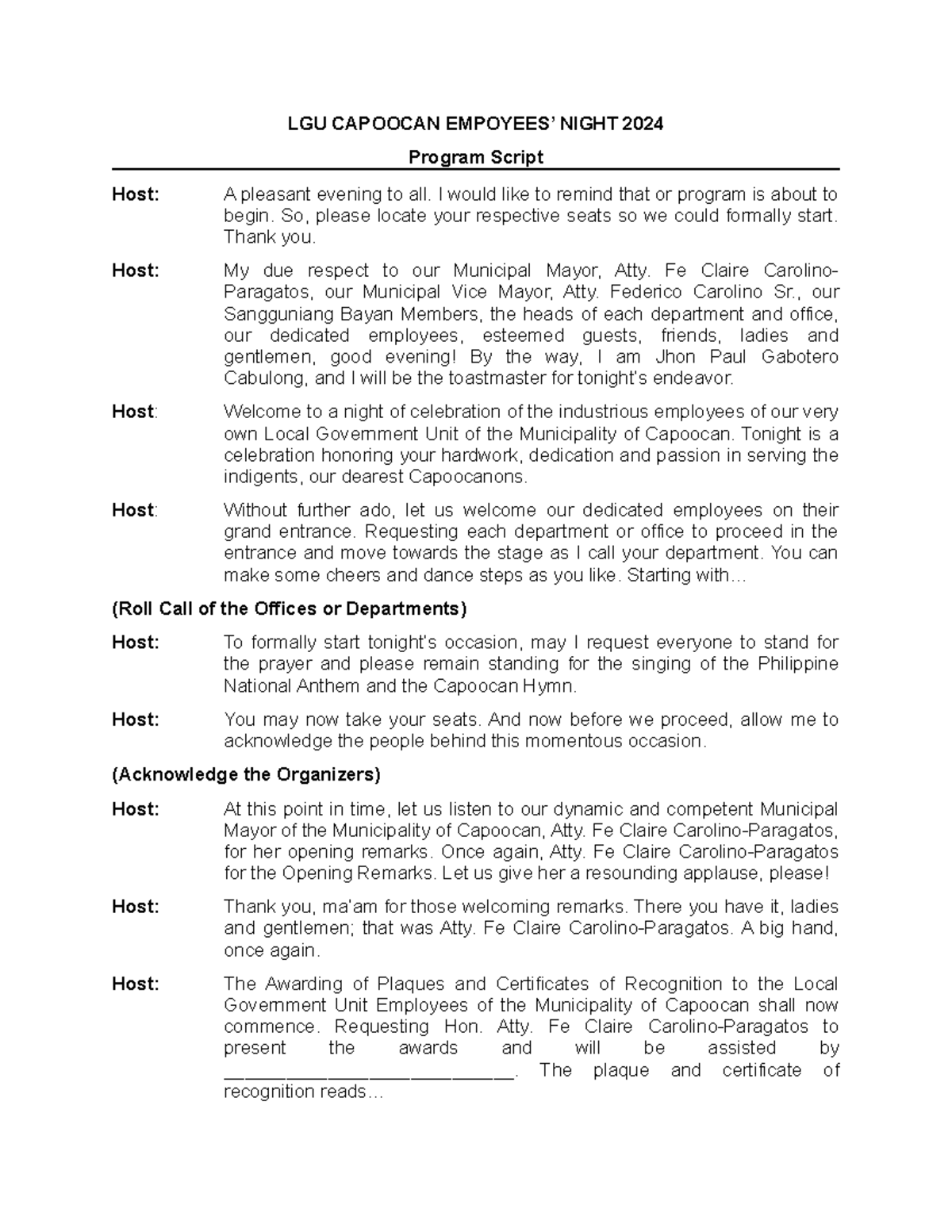 LGU Capoocan Employees' Night 2024 - Program Script - Studocu