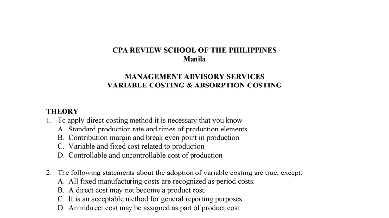 CPA 101: Management Advisory Services - Variable vs. Absorption Costing ...