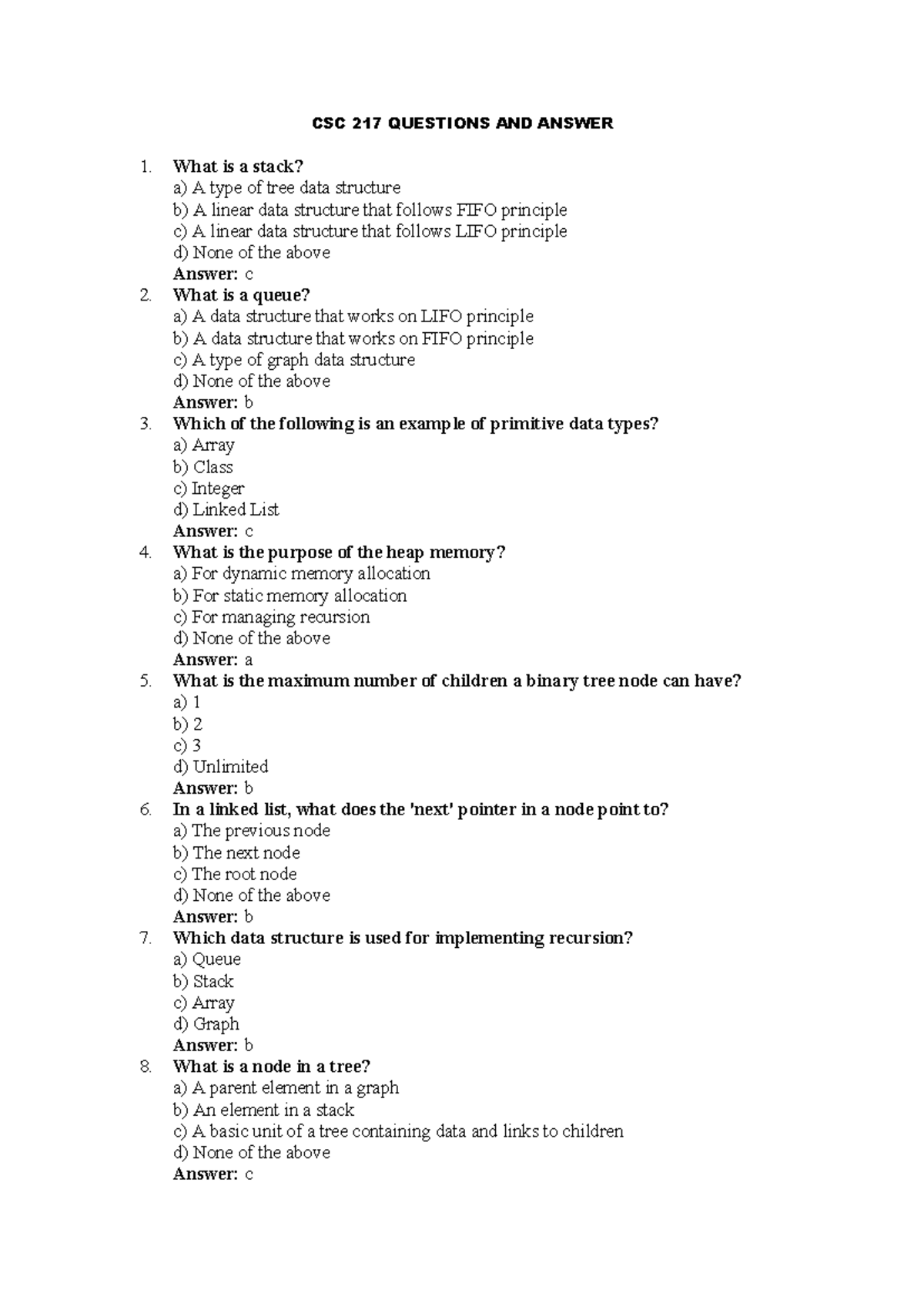 CSC 217 Quiz: Data Structures Questions and Answers - Studocu