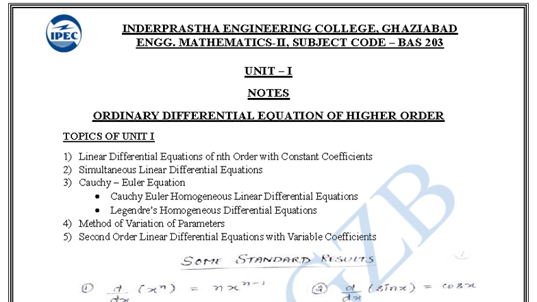 BAS 203 Unit I Notes: Higher Order Ordinary Differential Equations ...