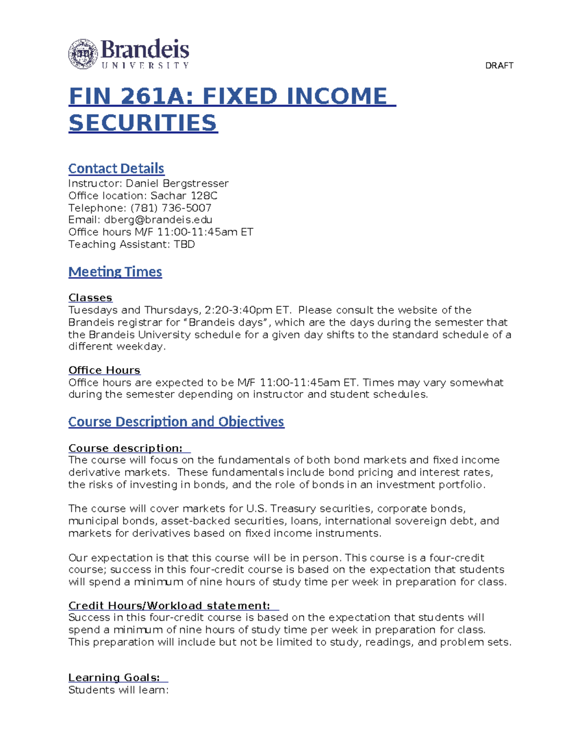 FIN 261A Fixed Income Securities Syllabus & Course Overview - Studocu