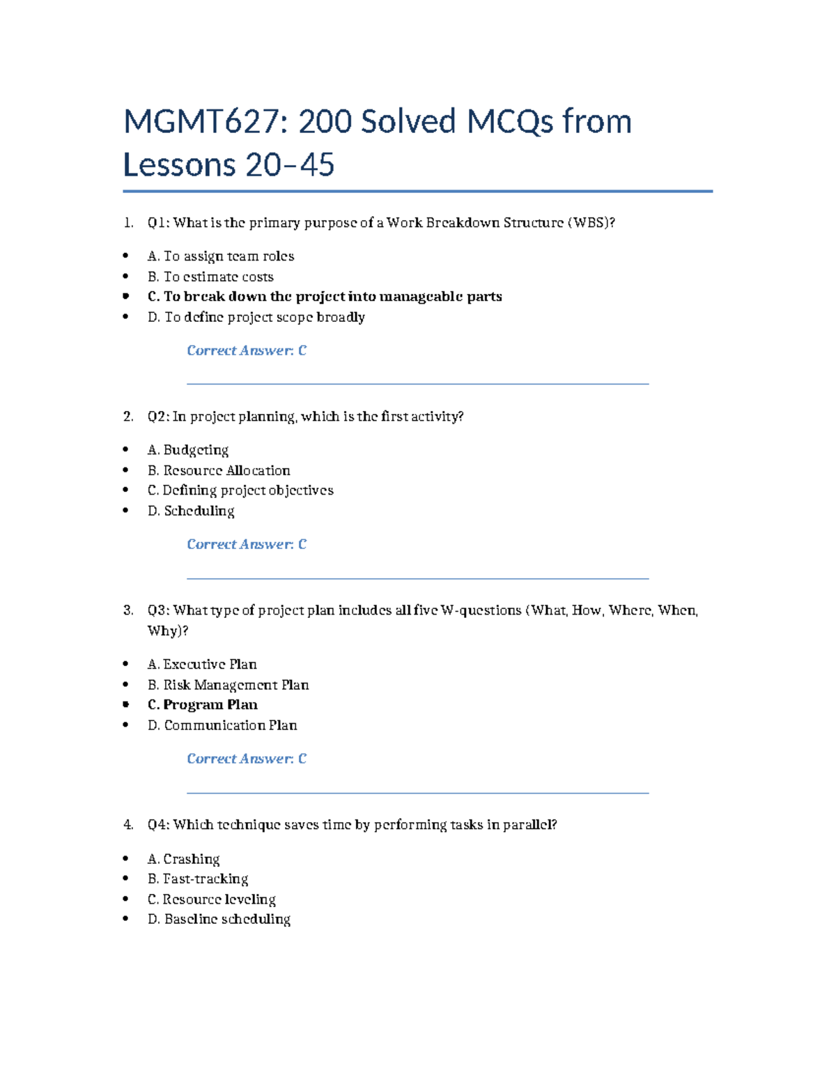 MGMT627: 200 Solved MCQs on Project Management Concepts - Studocu