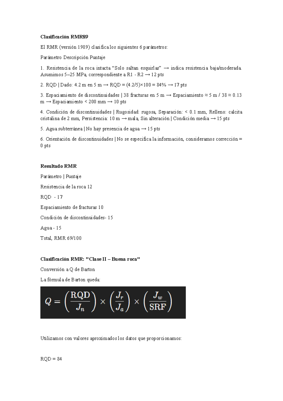 Clasificación RMR89 y Conversión a Q de Barton - Ejercicio Geotecnia ...
