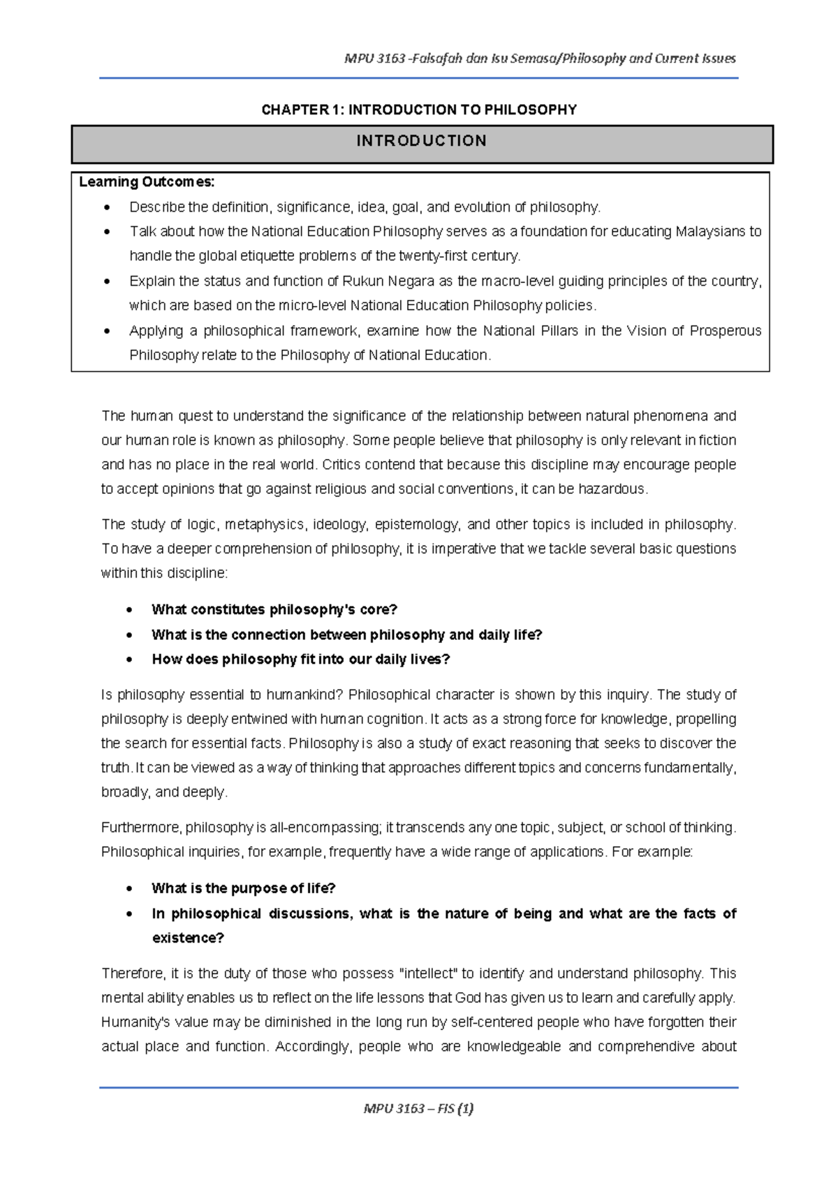 FIS Chapter 1 Introduction TO Philosophy - INTRODUCTION CHAPTER 1 ...