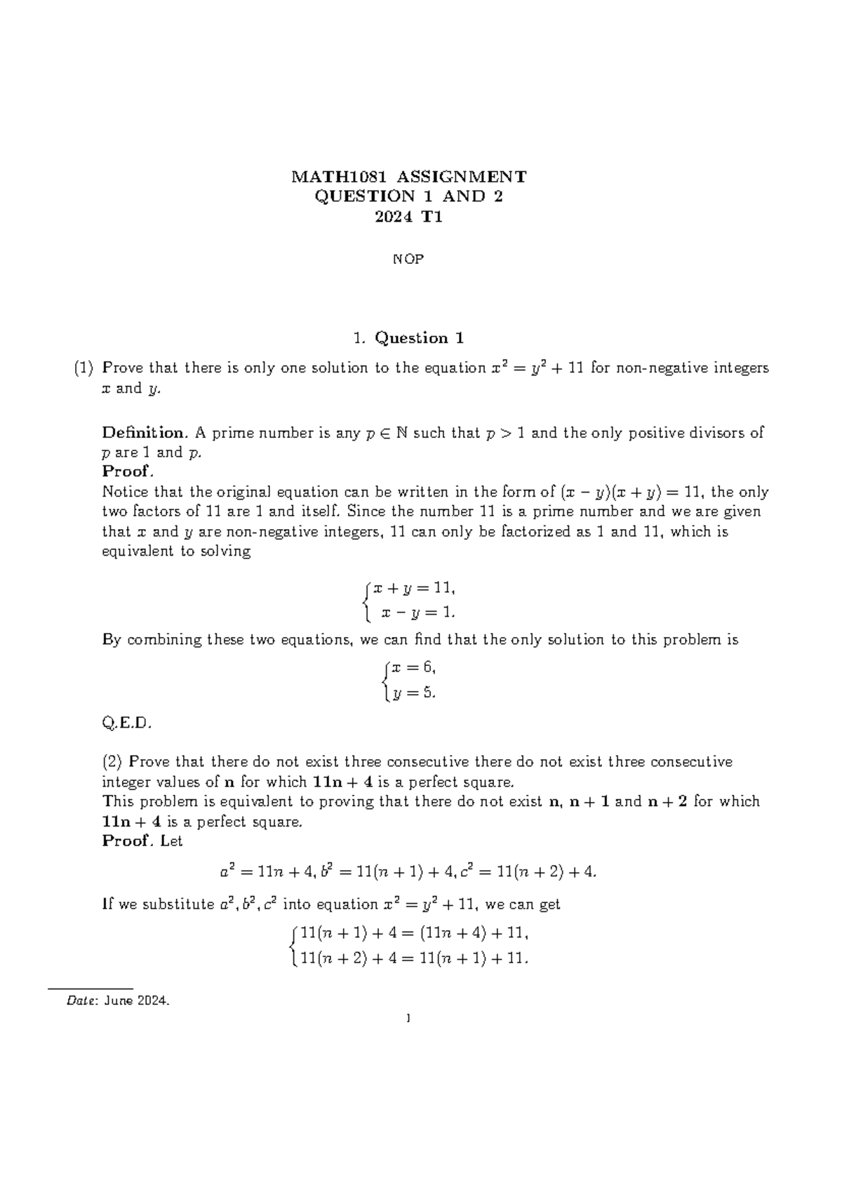 MATH1081 ASSIGNMENT QUESTIONS 1 & 2 SOLUTIONS 2024 T1 - Studocu