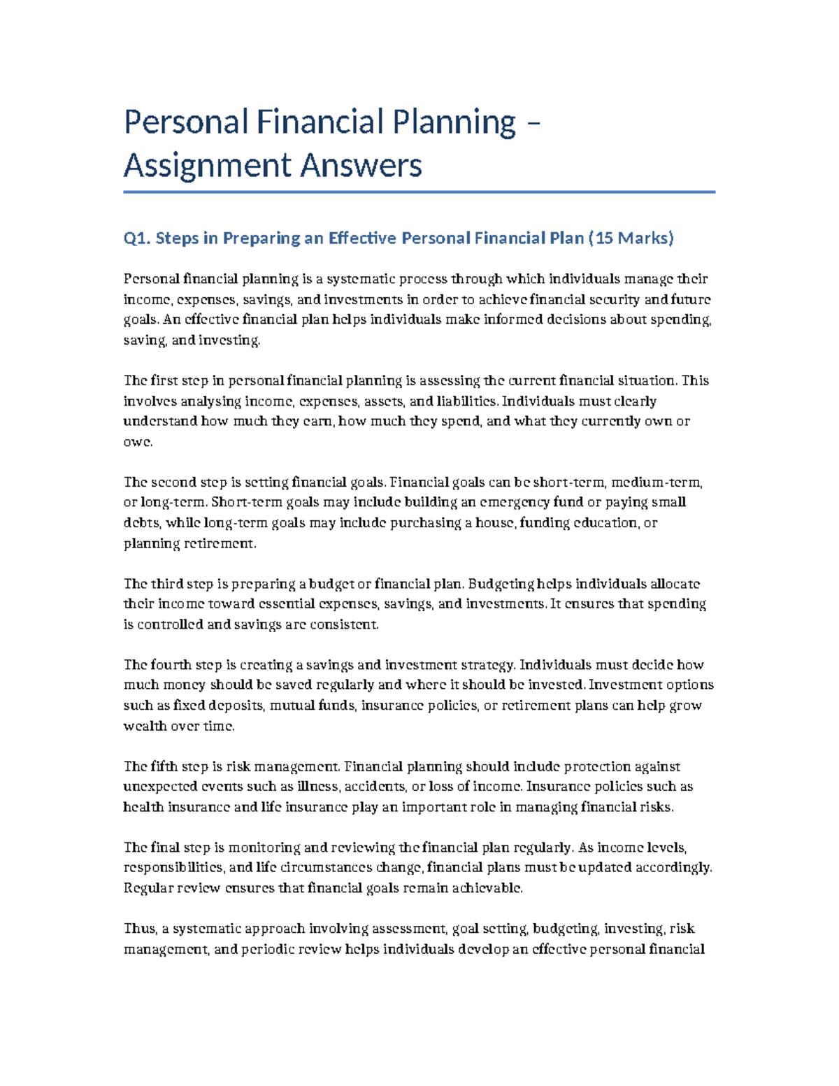 Personal Financial Planning Assignment Answers (Q1-Q8) - Studocu