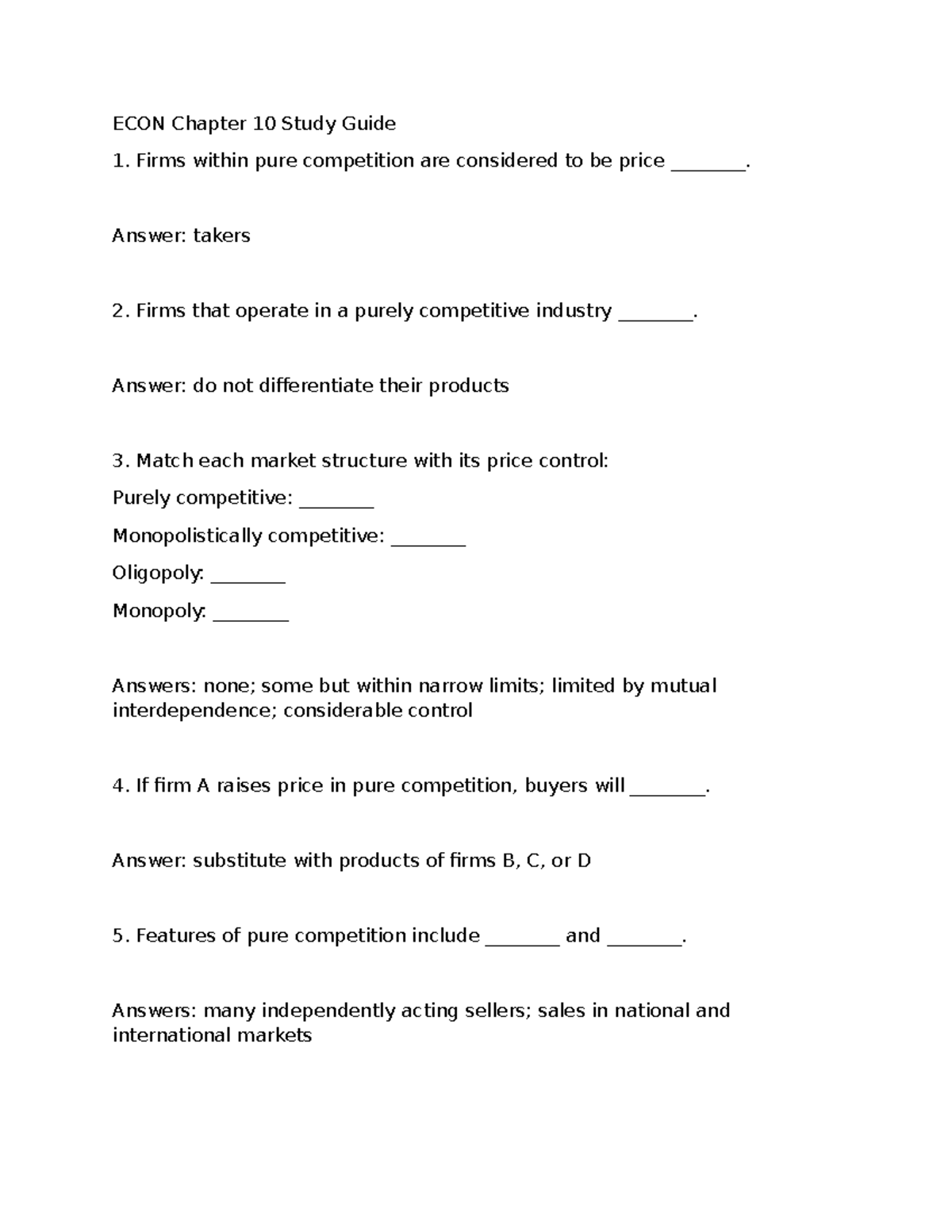 ECON 101 Chapter 10 Study Guide: Pure Competition Insights - Studocu