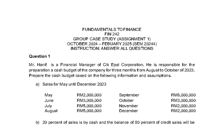 Group Case Study: Fundamentals of Finance FIN 242 (Assignment 1) - Studocu