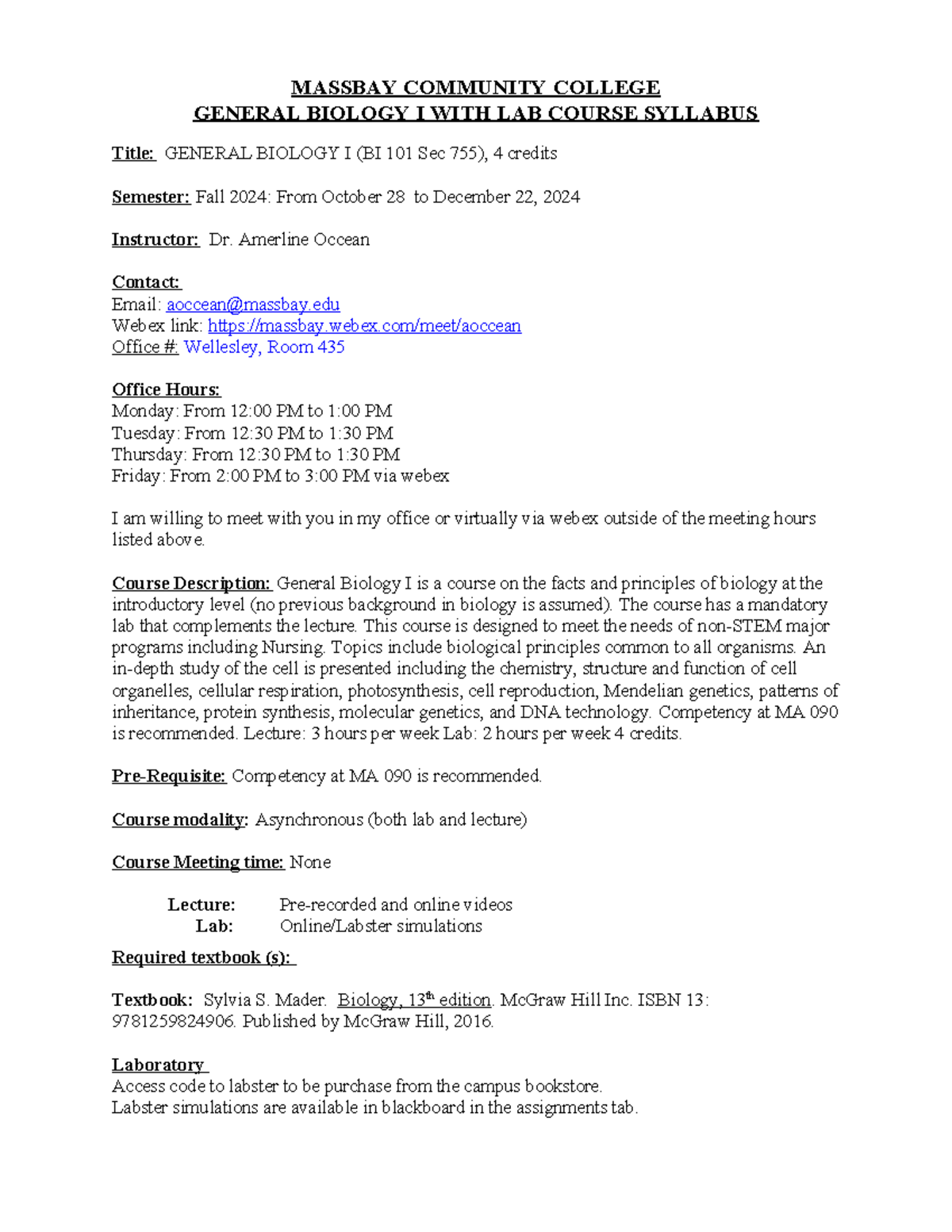 BI 101 Sec 755 Fall 2024: General Biology I Course Syllabus - Studocu