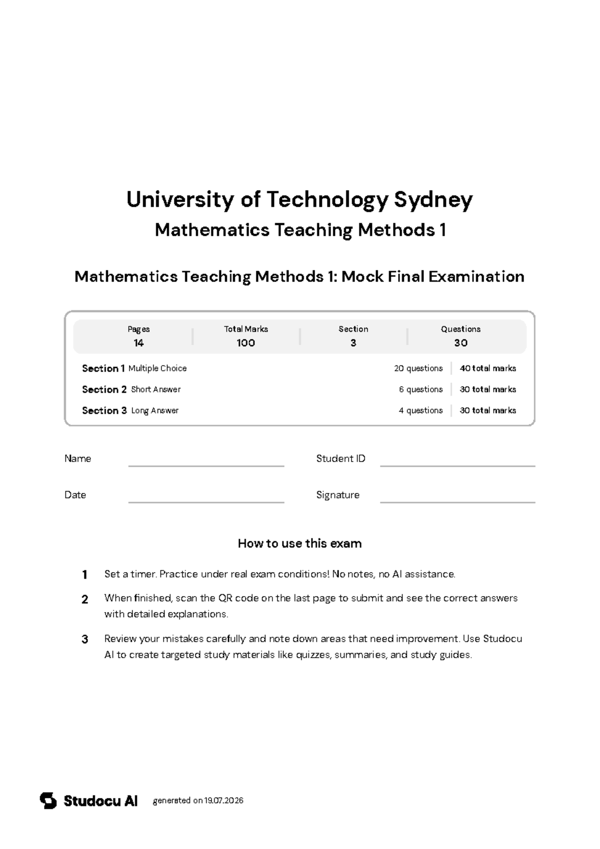 Mathematics Teaching Methods 1: Mock Final Exam - Studocu