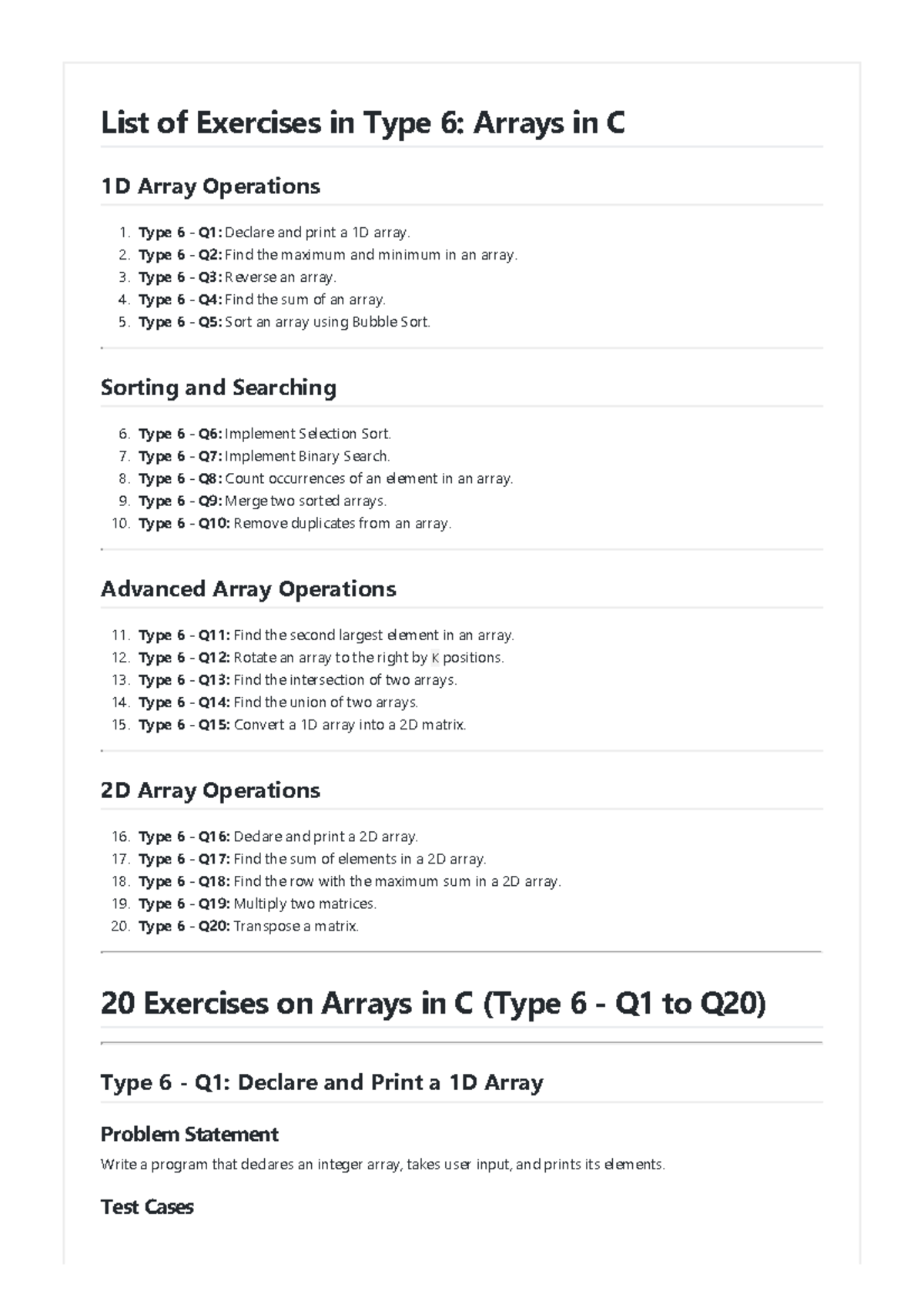 Type 6 on Arrays in C (Type 6 - Q1 to Q20) - List of Exercises in Type ...