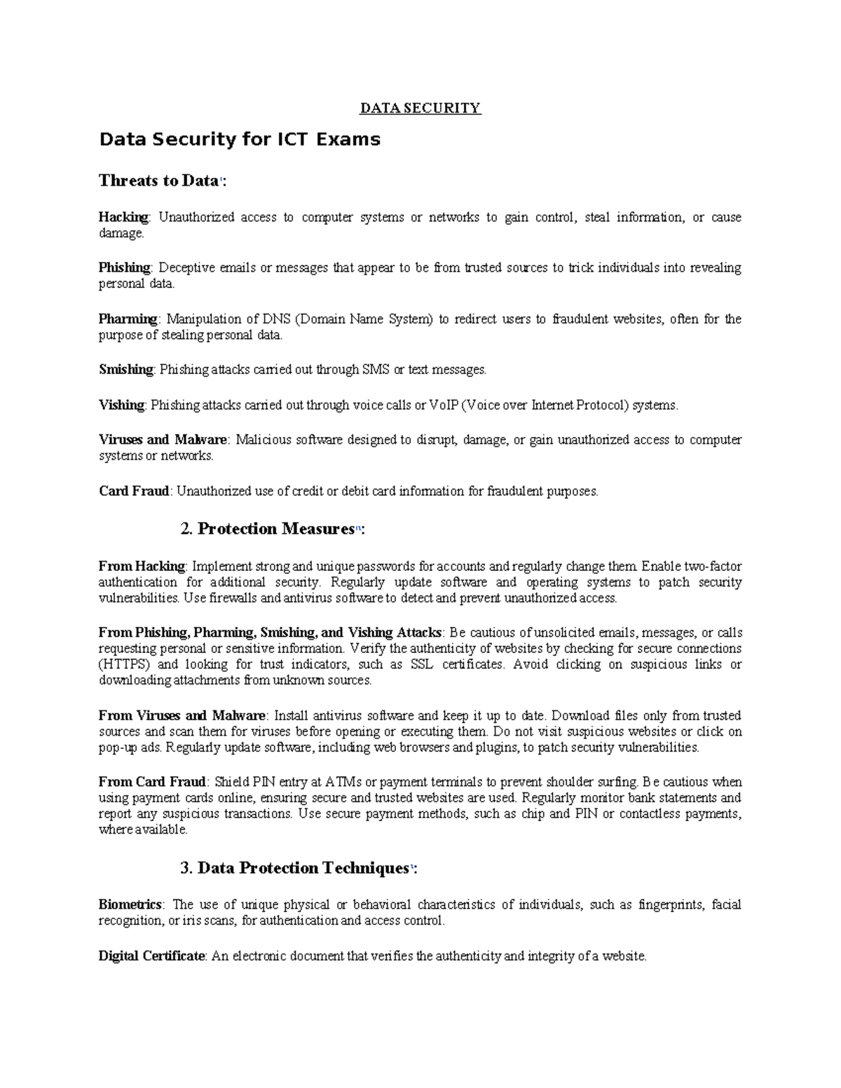 DATA SECURITY ICT Exam Notes: Threats & Protection Measures - Studocu