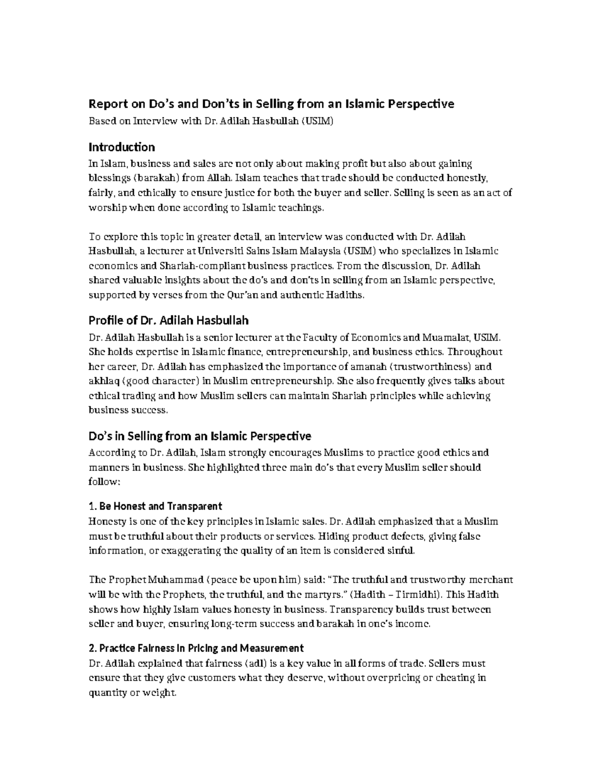 Report on Dos and Don'ts of Islamic Selling (USIM) - Studocu
