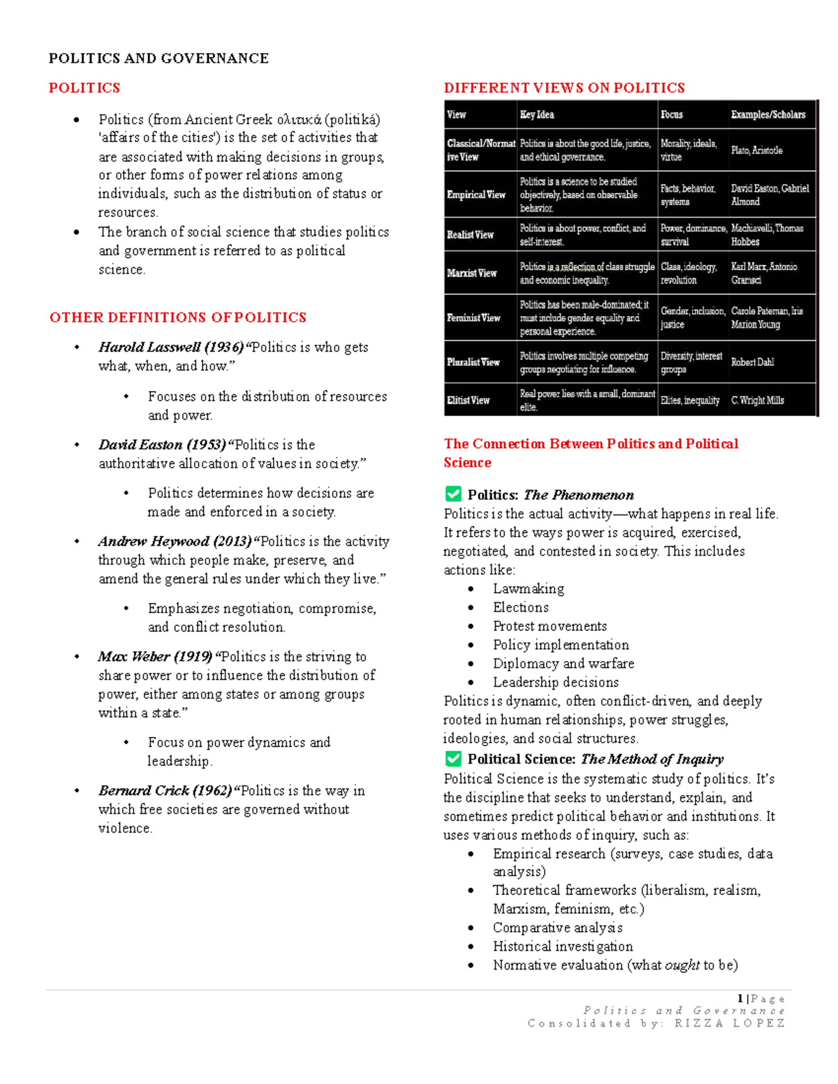 POLITICS AND GOVERNANCE: DIFFERENT VIEWS AND DEFINITIONS - Studocu