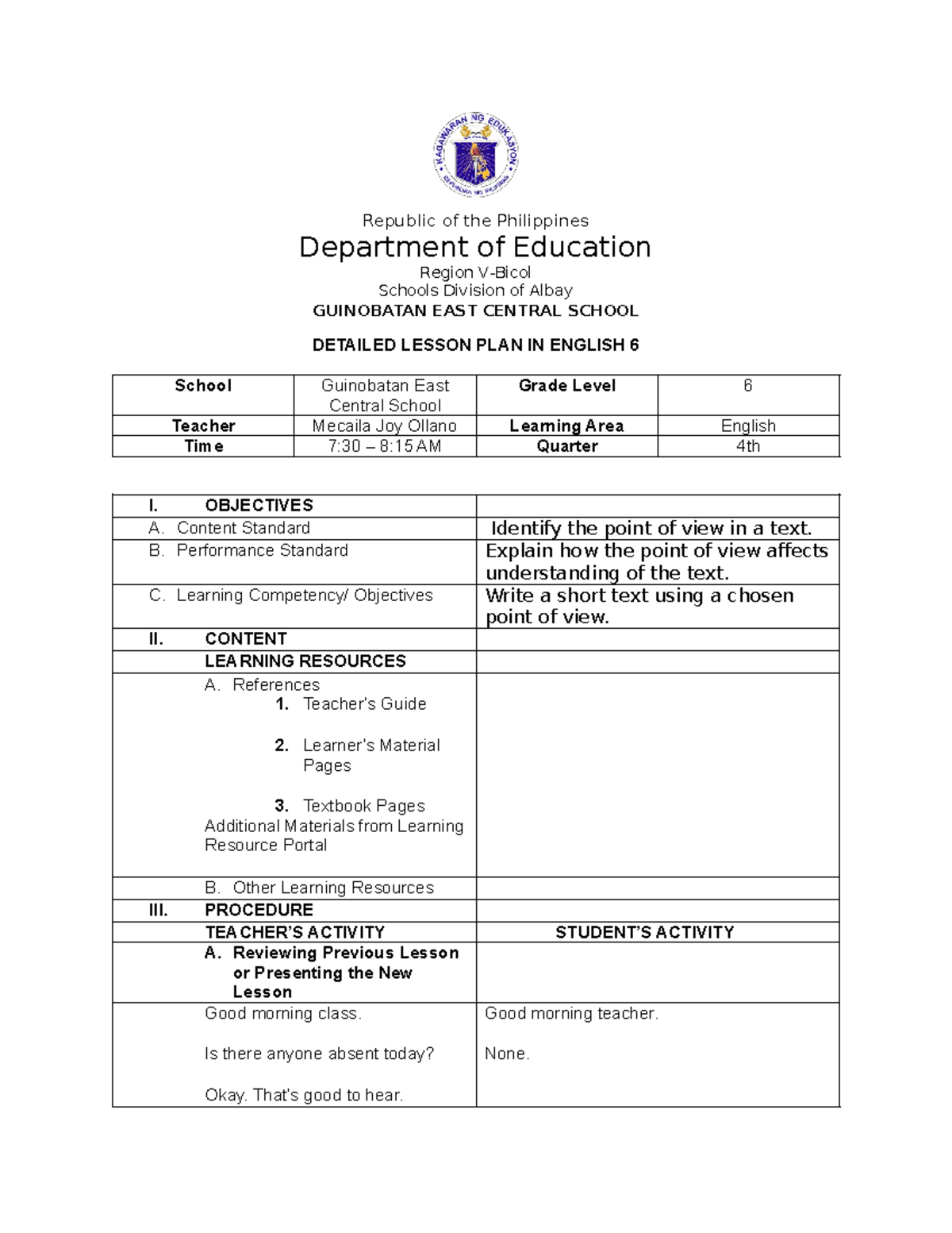 DLP6: Detailed Lesson Plan on Point of View for English 6 - Studocu