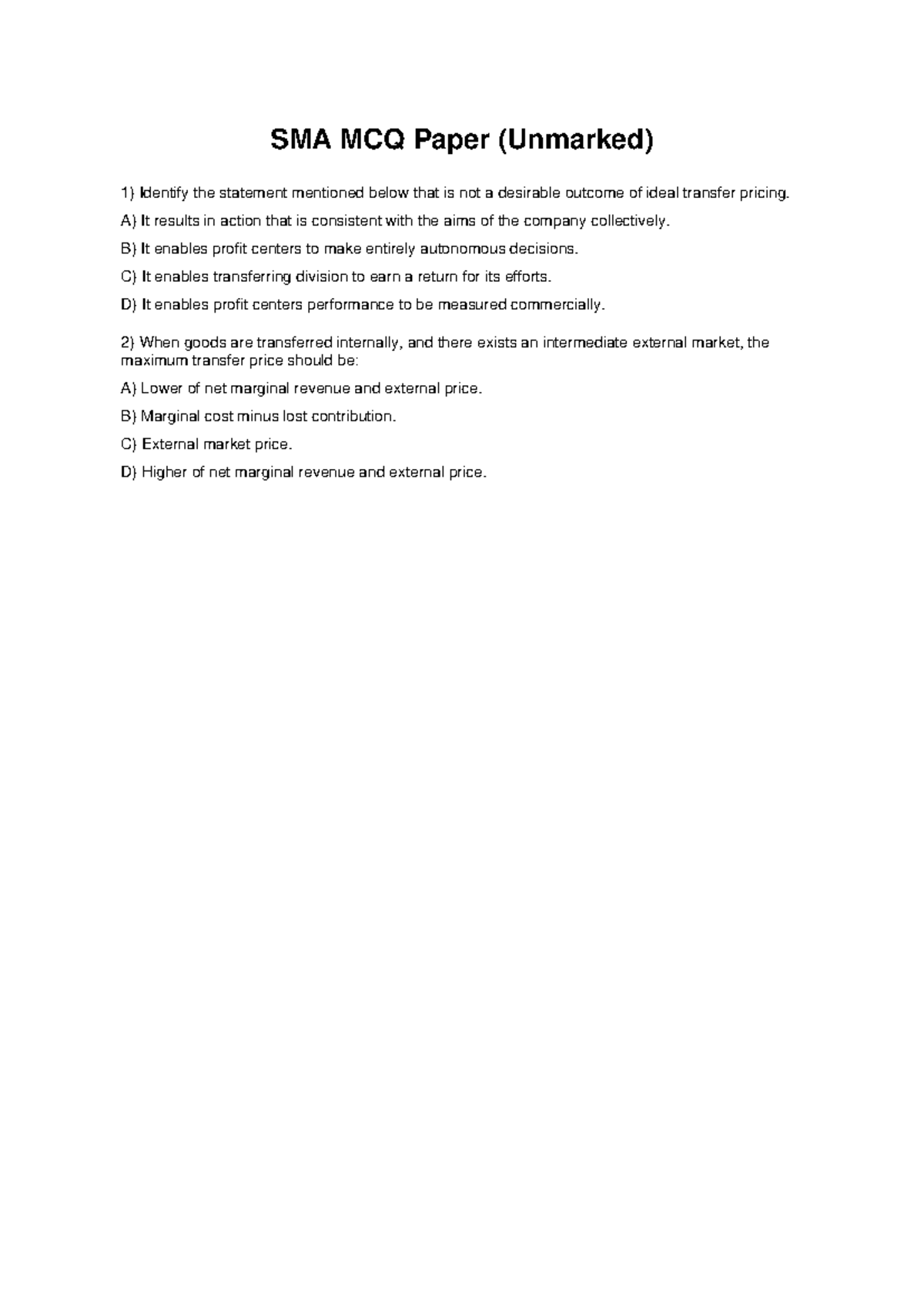 SMA MCQ Paper (Unmarked) - Transfer Pricing Concepts - Studocu