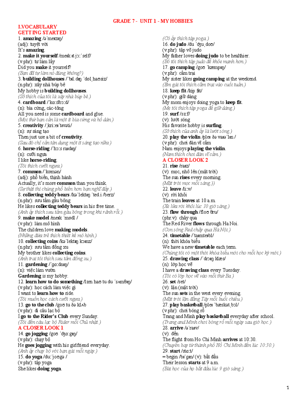 GRADE 7 UNIT 1 MY HOBBIES: VOCABULARY & ACTIVITIES - Studocu