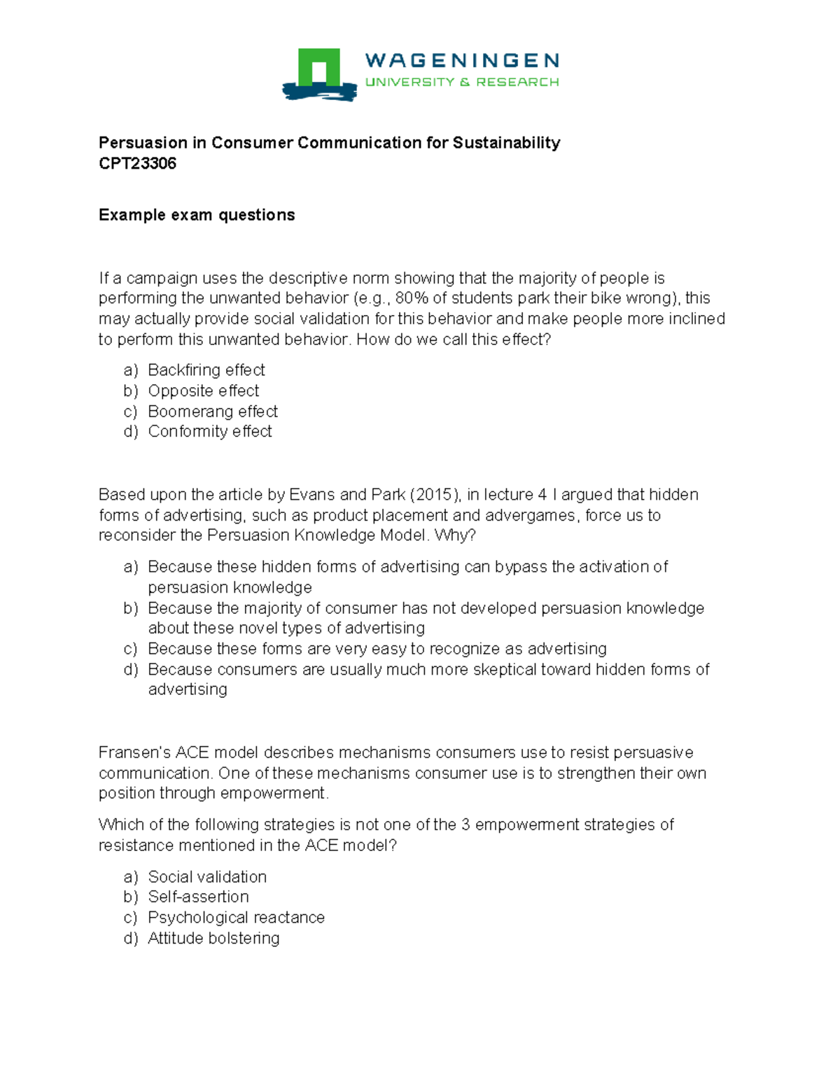 CPT23306 Example Exam Questions on Consumer Persuasion and ...