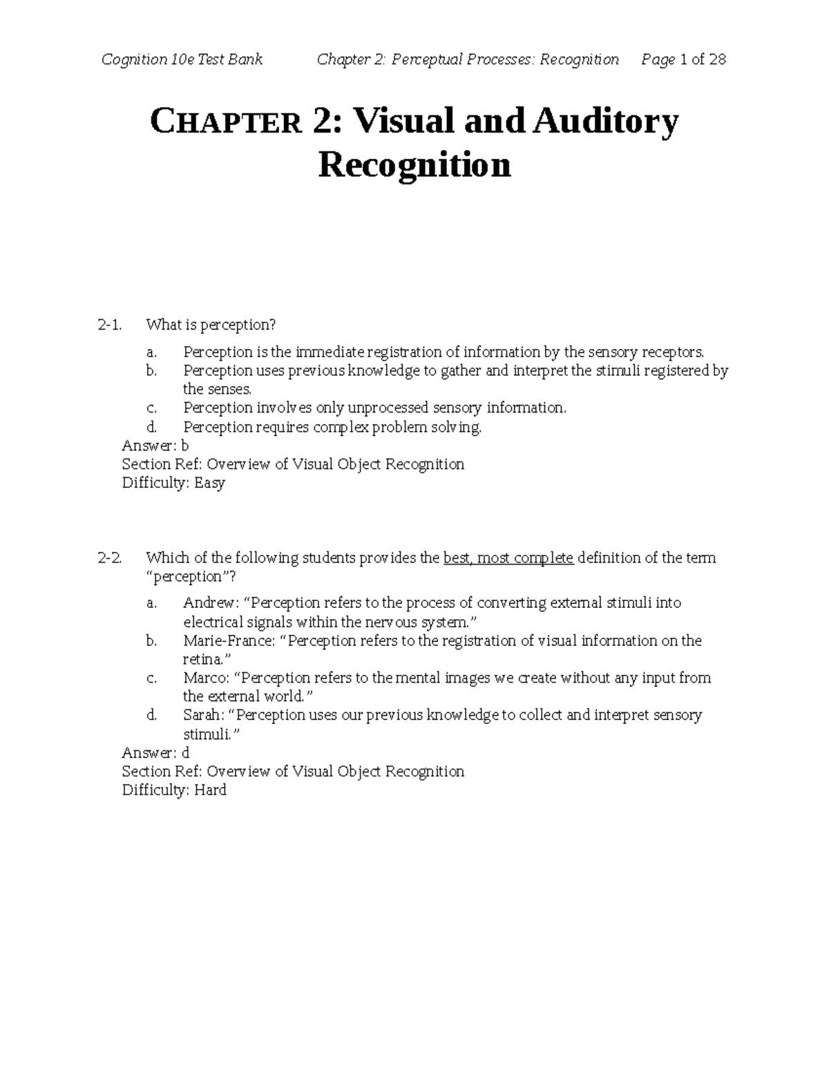 Cognitive Psychology - PSYCH Chapter 2: Visual & Auditory Recognition ...