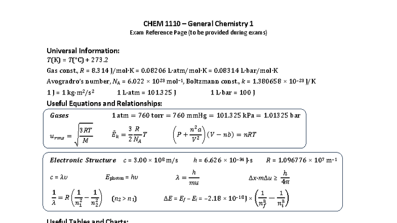 CHEM 1110 General Chemistry 1 Exam Reference Sheet F25 - Studocu