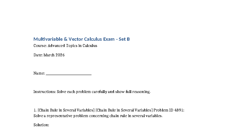 Math 2909 Multivariable Vector Calculus Exam Set B Solutions - Studocu