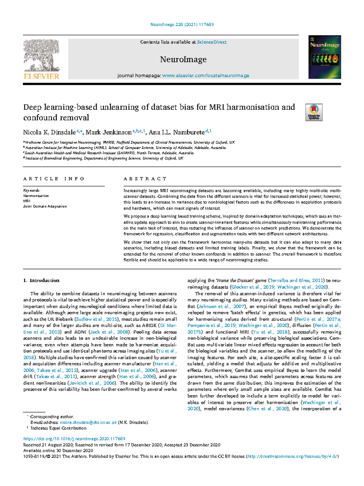 Deep Unlearning of Dataset Bias for MRI Harmonisation (NeuroImage 228 ...