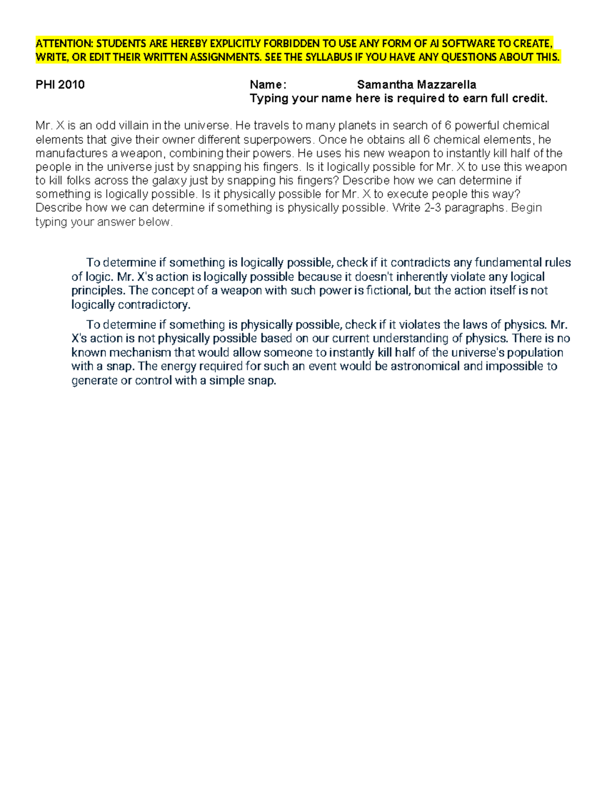 PHI 2010 Assignment 1: Analyzing Logical vs. Physical Possibility - Studocu
