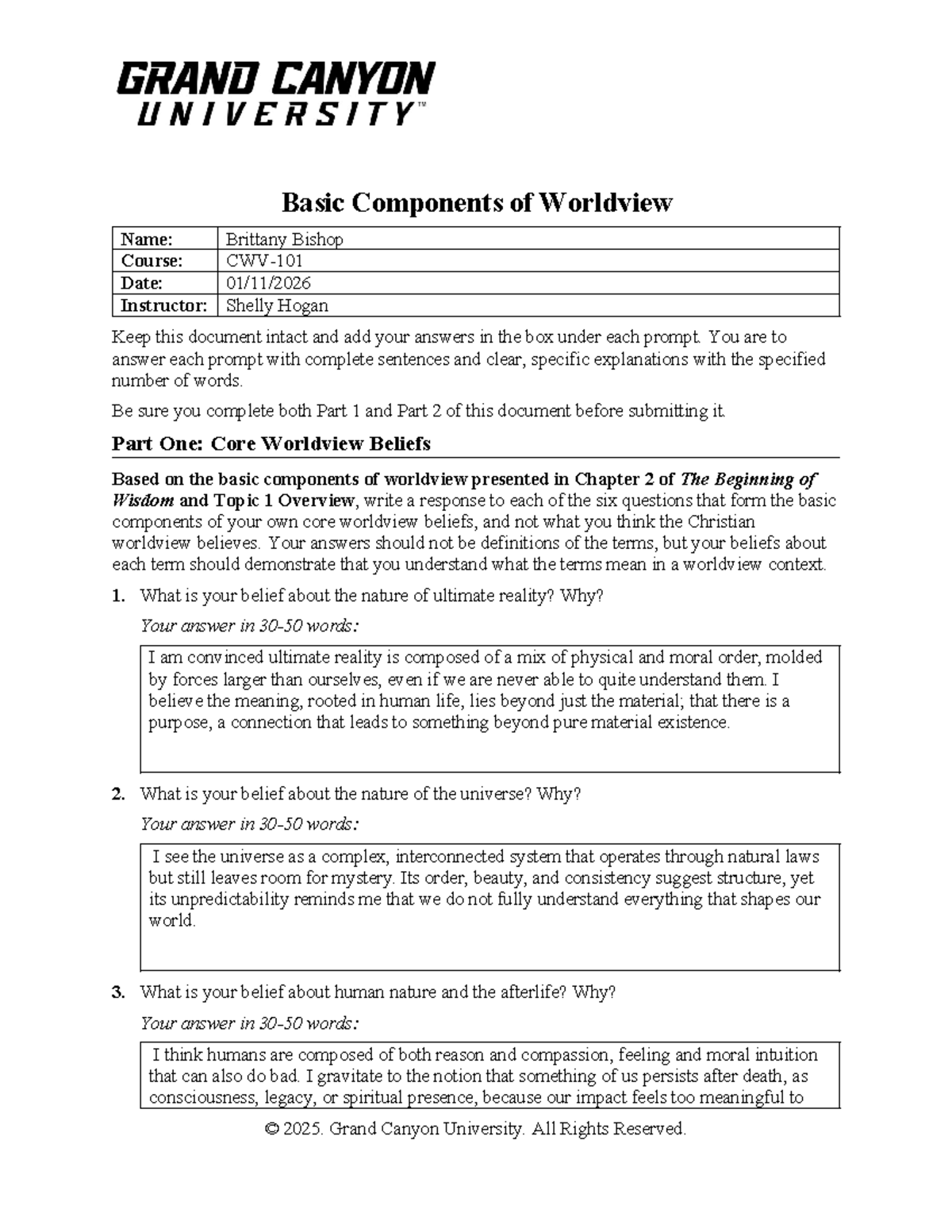 CWV 101: Basic Components of Worldview Assignment - Studocu