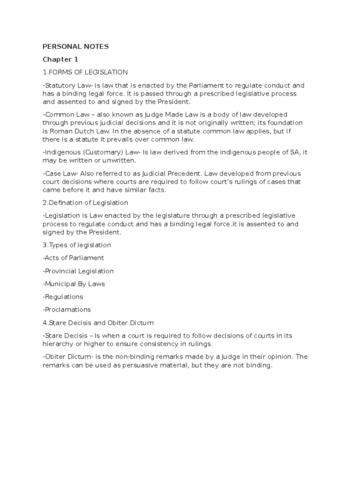 Personal Notes on Legislation: Chapter 1, 2 & 3 CC - Studocu
