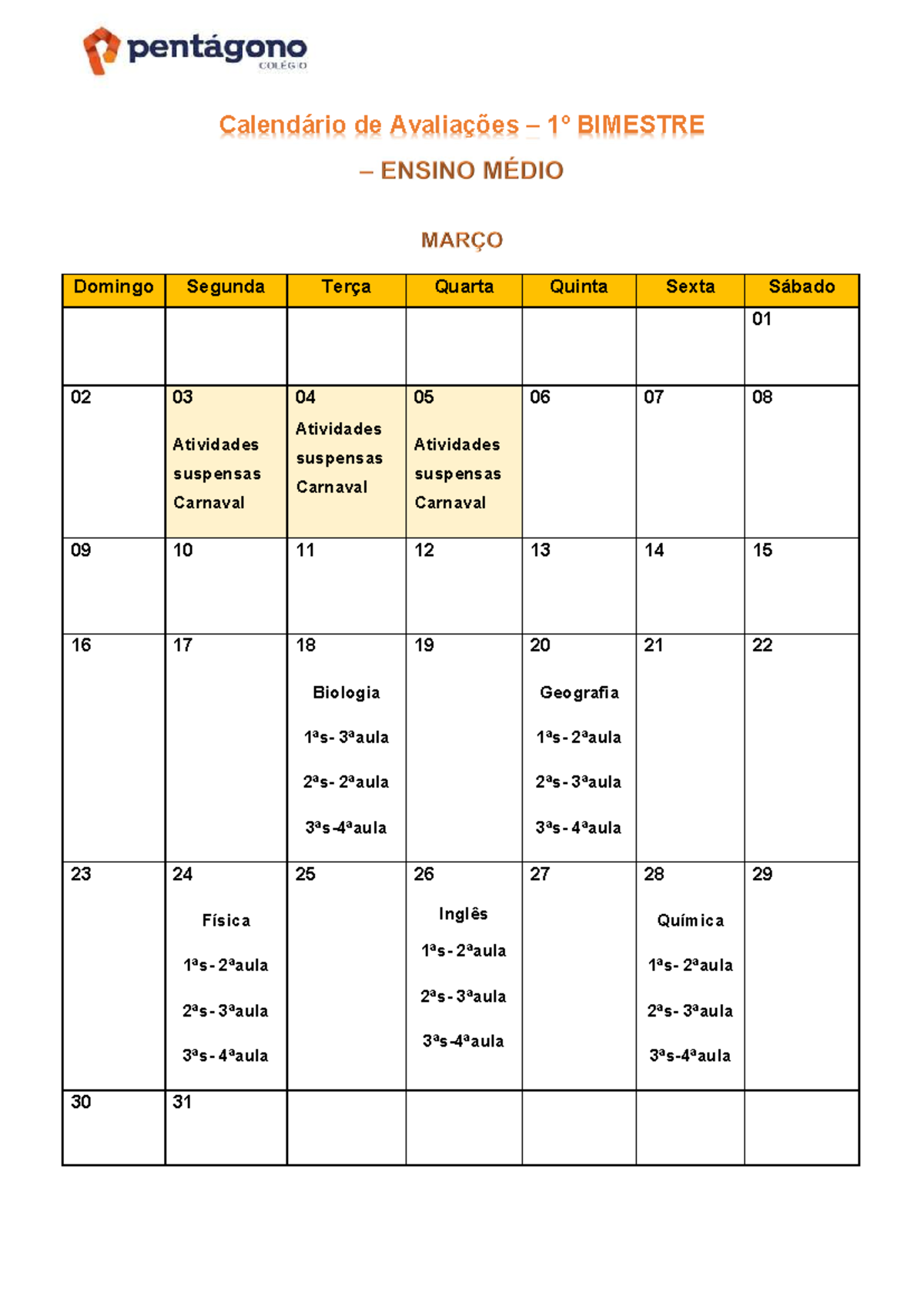 Calendário 1° Bimestre - Ensino Médio - Calendário de Avaliações – 1º ...