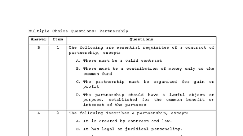 Multiple Choice Questions on Partnership Concepts - MCQ-101 - Studocu