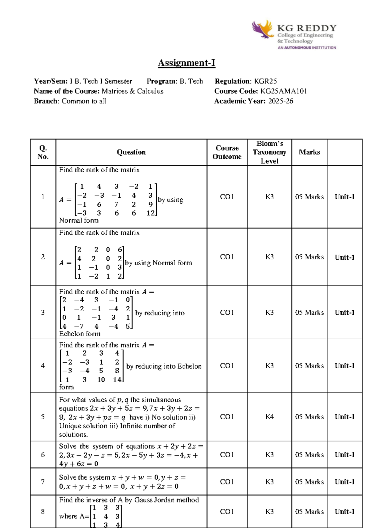 Matrices and Calculus Assignment 1 - KG25AMA101 - Studocu