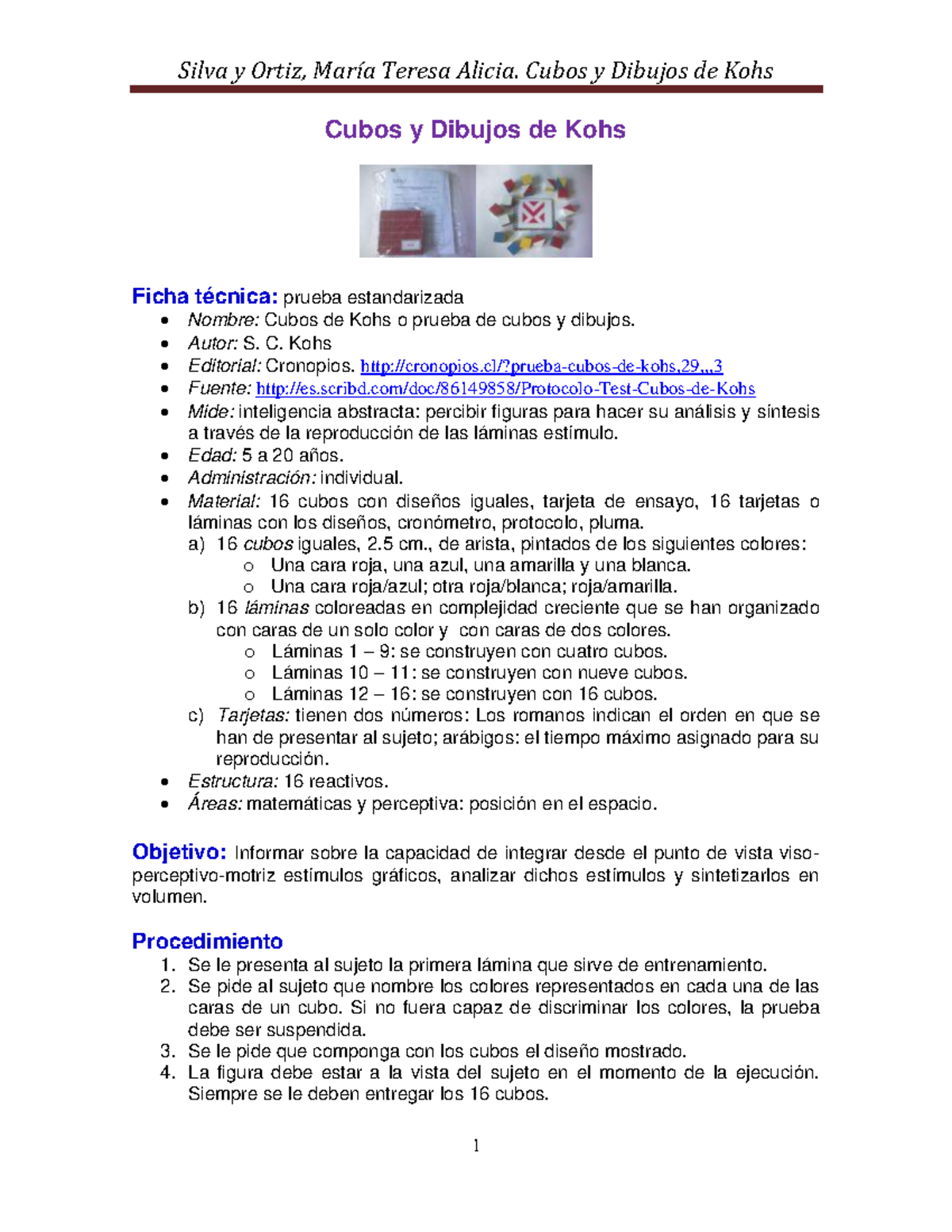 Protocolo para el Test de Cubos de Kohs (Kohs 101) - Studocu