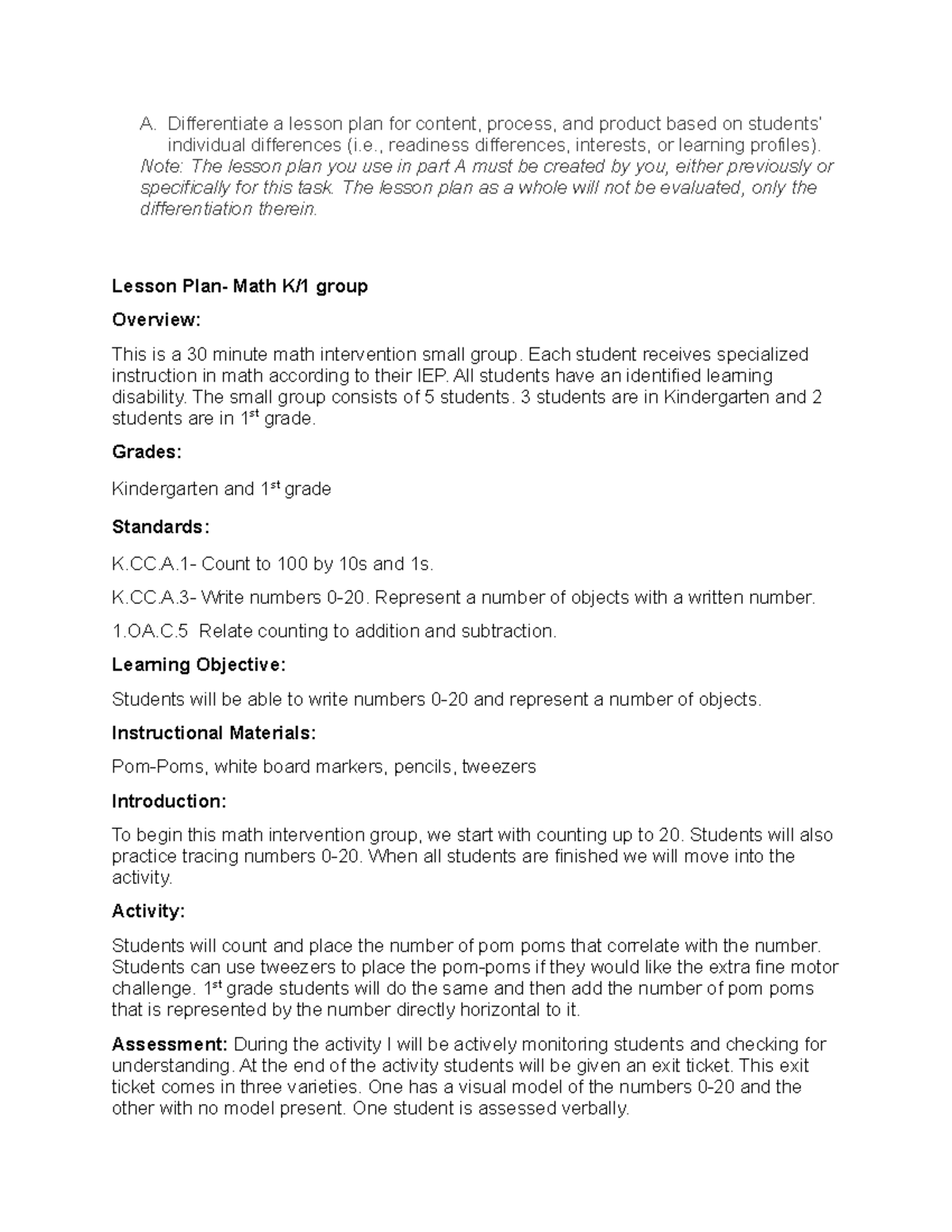 D187 Task 3 - Differentiated Lesson Plan for Math K/1 Group - Studocu