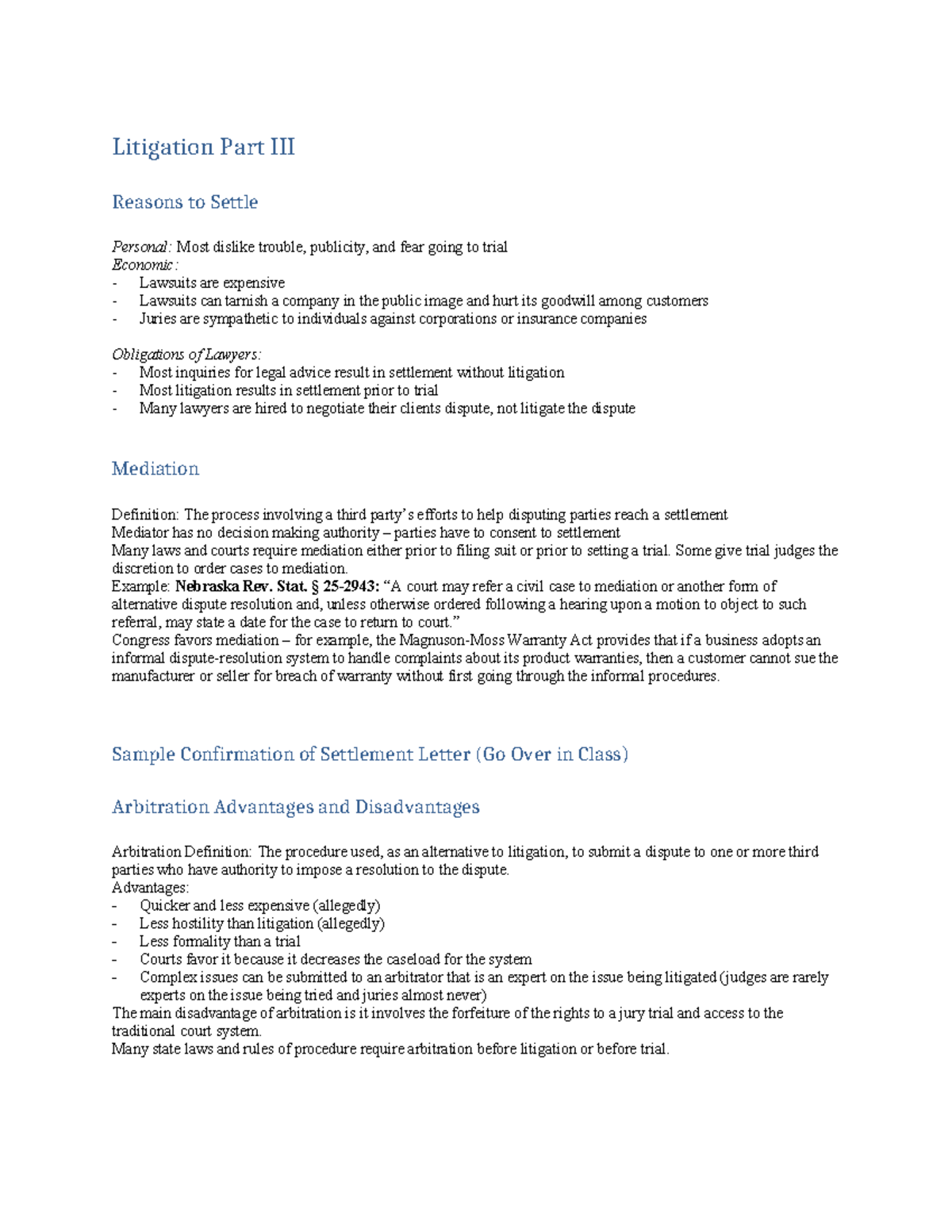 Litigation & ADR: Mediation and Arbitration Insights (LAW 101) - Studocu